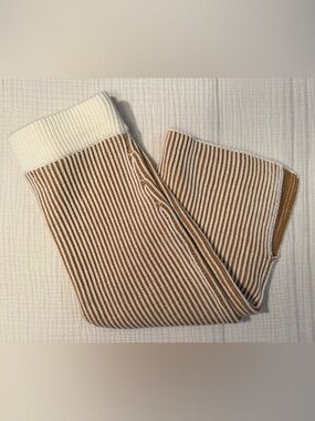 Roolee Ribbed Knit Cream & Tan Elastic Pull On Sweater Slit Skirt Size Medium